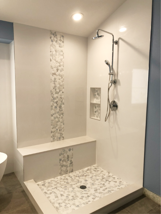 Bathroom with tiles, built-in niche shelves, and custom shower pan, bathroom remodel completed by Craftsman Tile and Stone in Franklin, TN. Bathroom with tiles, built-in niche shelves, and custom shower pan, bathroom remodel completed by Craftsman Tile and Stone in Franklin, TN.